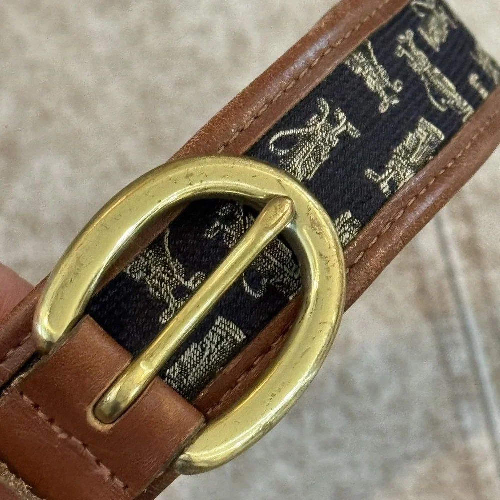 Brooks Brothers Golf Print Leather Canvas Belt Solid Brass Buckle Brown 42